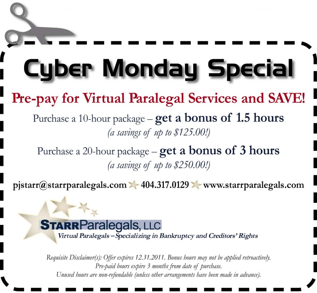 Pre-pay for Virtual Paralegals and SAVE! Purchase a 10-hour package - get a bonus of 1.5 hours. Purchase a 20-hour package - get a bonus of 3 hours.
